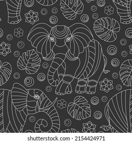 Seamless pattern with elephants, light contour animals, flowers and leaves on an a dark background