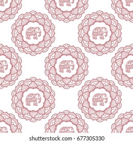 Seamless pattern with elephants and mandala flowers. Background for textile, baby shower, greeting card, yoga poster, wrapping. Floral ornament.