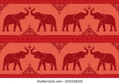 Seamless pattern with elephants on a burgundy red background in Indian style. Print for fabric, vector illustration