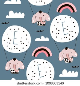 Seamless pattern with elephants on hot air balloons. Creative childish background. Perfect for kids apparel,fabric, textile, nursery decoration,wrapping paper.Vector Illustration