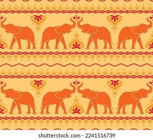 Seamless pattern with elephants on an orange background in Indian style. Print for fabric, vector illustration
