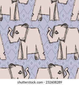 Seamless pattern with elephants on purple background with  rhombus 