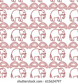 Seamless pattern with elephants and paisley. Background for textile, baby shower, greeting card, wrapping. Oriental floral hand drawn ornament.