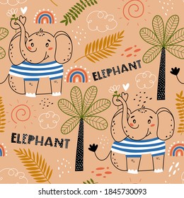 Seamless pattern with elephants and palms. Fairy Tale kid textile, wrapping paper, background. Kids animal characters. 