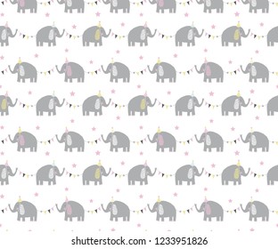 Seamless pattern of elephants with party flag garlands parading at a pyjama party. Great as a textile print, party invitation or packaging.