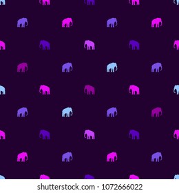 Seamless pattern with elephants pink, blue and violet on a dark purple background.