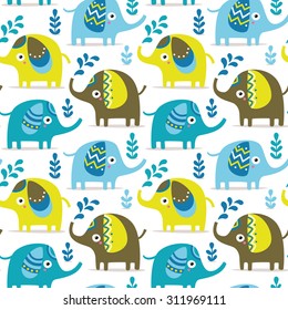 Seamless pattern with elephants, plants, jungle, animals, Valentine's day, lovers, couple