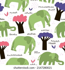 Seamless pattern with elephants and plants of Savannah on a white background. Childish vector flat illustration for wrapping paper, textile design
