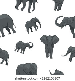 Seamless pattern with elephants. Repeating design element for printing on fabric. Large grey animals with ears and trunk. Tropic and exotic, African Savannah. Cartoon flat vector illustration