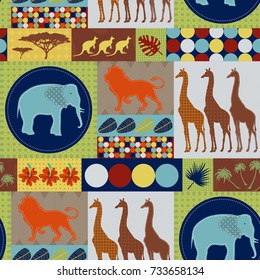 seamless pattern with elephants, savannah, giraffe, pattern, lion