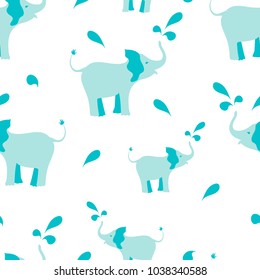 Seamless pattern with elephants spraying water drops on white background. Perfect for baby shower projects, cards, invitations, stickers, tags. Vector illustration for your design.