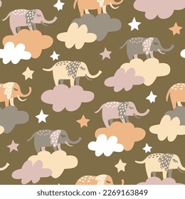 Seamless pattern with elephants standing on clouds in the sky