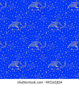 Seamless pattern with elephants, stars, moon. Background for textile, baby shower, greeting card, wrapping.