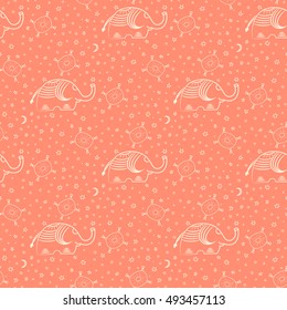 Seamless pattern with elephants, stars, moon. Background for textile, baby shower, greeting card, wrapping.