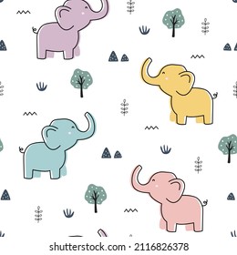 seamless pattern elephants and trees cute animal cartoon background used for fabric, textile, print, wallpaper vector illustration