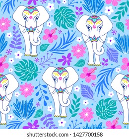 Seamless pattern with elephants and tropical flowers and leaves on white background
