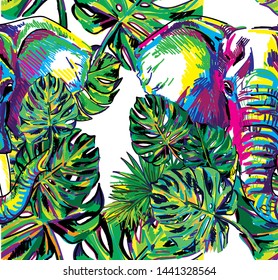 Seamless pattern with elephants and tropical leaves. Juicy colorful background, summer.