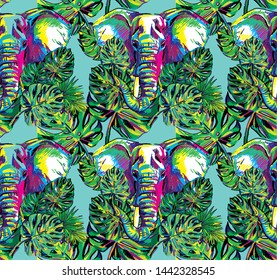 Seamless pattern with elephants and tropical leaves. Juicy colorful background, summer.