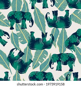 seamless pattern with elephants and tropical leaves, vector disign for paper, fabric and other surface