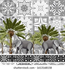 Seamless pattern with elephants and tropical trees on geometrical background.
