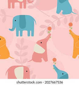 Seamless pattern with elephants. Vector flat illustration with wild cute animal on a pink background.