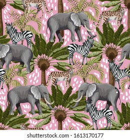 Seamless pattern with elephants, zebras and tropical trees