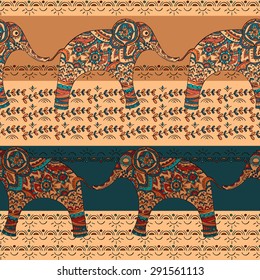 Seamless pattern with elephants,floral and geometric elements. Ethnic pattern. Sleeping and waking up Indian elephants
