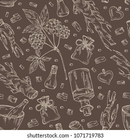 Seamless pattern with eleutherococcus: branch, berries and eleutherococcus root. Siberian ginseng. Cosmetic and medical plant. Vector hand drawn illustration. 