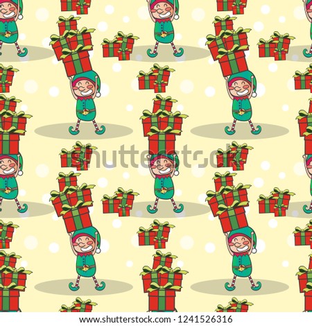 Seamless Pattern, Elf with gifts, Merry Christmas and happy new year