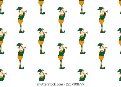 Seamless pattern with elf in a green suit, boots with pompoms and a cap with a pipe in his hands. Santa Claus's assistant. Print for wallpaper and bed linen.Sain Patricks day concept.