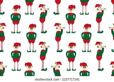 Seamless pattern with elf in a green suit, boots with pompoms and a cap with a pipe in his hands. Santa Claus's assistant. Print for wallpaper and bed linen.