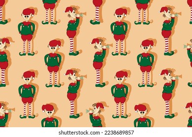 Patrón sin soldadura con elfo en traje verde, botas con pompones y una gorra con una pipa en las manos. El asistente de Santa Claus. Impresión para papel pintado y ropa de cama.