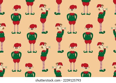 Nahtloses Muster mit Elf in einem grünen Anzug, Stiefel mit Pompoms und eine Mütze mit einem Rohr in den Händen. Der Assistent des Weihnachtsmannes. Druck für Tapete und Bettwäsche.