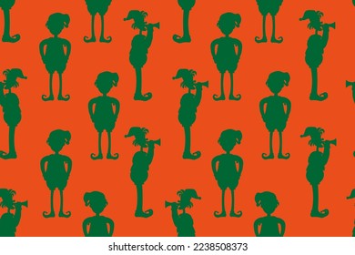 Seamless pattern with elf silhouette in boots with pompoms and a cap with a pipe in his hands. Santa Claus's assistant. Print for wallpaper and bed linen.