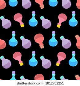 Seamless pattern with Elixir bottle. potion pattern. Vector. The concept of Halloween, witchcraft.Design of banners, web