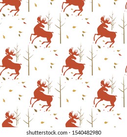 Seamless pattern with elk in the autumn forest. Vector texture with a silhouette of a moose and nature. Graphic color print for textile and fabric.