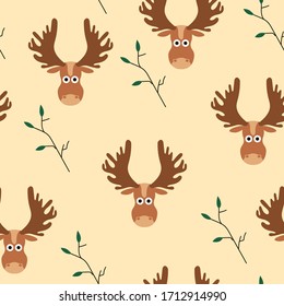 Seamless pattern. Elk and branch. Wheat background