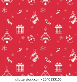 Seamless pattern with elk, Christmas tree and cute elements in nursery style. Red background. Perfect for decor textiles, fabric print, Christmas cards, wallpaper and wrapping paper design.