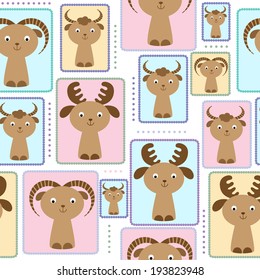 Seamless pattern with elk, yak, impala and urial