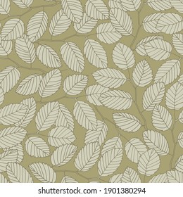 Seamless pattern with elm tree branches and leaves on dark beige background for surface design and other design projects. Realistic line art