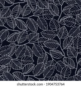 Seamless pattern with elm tree branches and leaves on black background for surface design and other design projects. Monochrome realistic line art