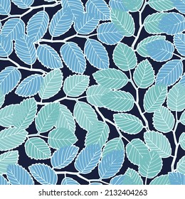 Seamless pattern with elm tree branches and leaves on dark blue background for surface design and other design projects. Monochrome realistic line art