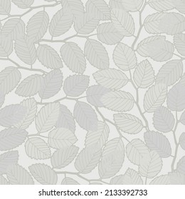 Seamless pattern with elm tree branches and leaves on light background for surface design, wallpaper, fabrics, home decor. Monochrome pastel realistic line art