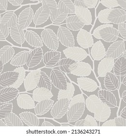 Seamless pattern with elm tree branches and leaves on light background for surface design, wallpaper, fabrics, home decor. Monochrome pastel realistic line art