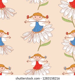 Seamless pattern of elves girls sitting on the camomiles
