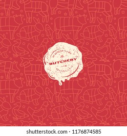Seamless pattern and emblem for butcher shop. Beef, pork, lamb, rabbit, duck and chicken image in thin line style