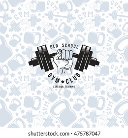 Seamless pattern and emblem gym club. Design for your textiles, backgrounds, wrapping paper