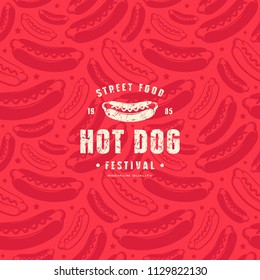 Seamless pattern and emblem for hot dog restaurant. White label on red background