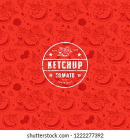 Seamless pattern and emblem for ketchup. Design with image of tomato. White label on red background