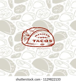 Seamless pattern and emblem for mexican restaurant. Tostadas, burritos, and tacos image